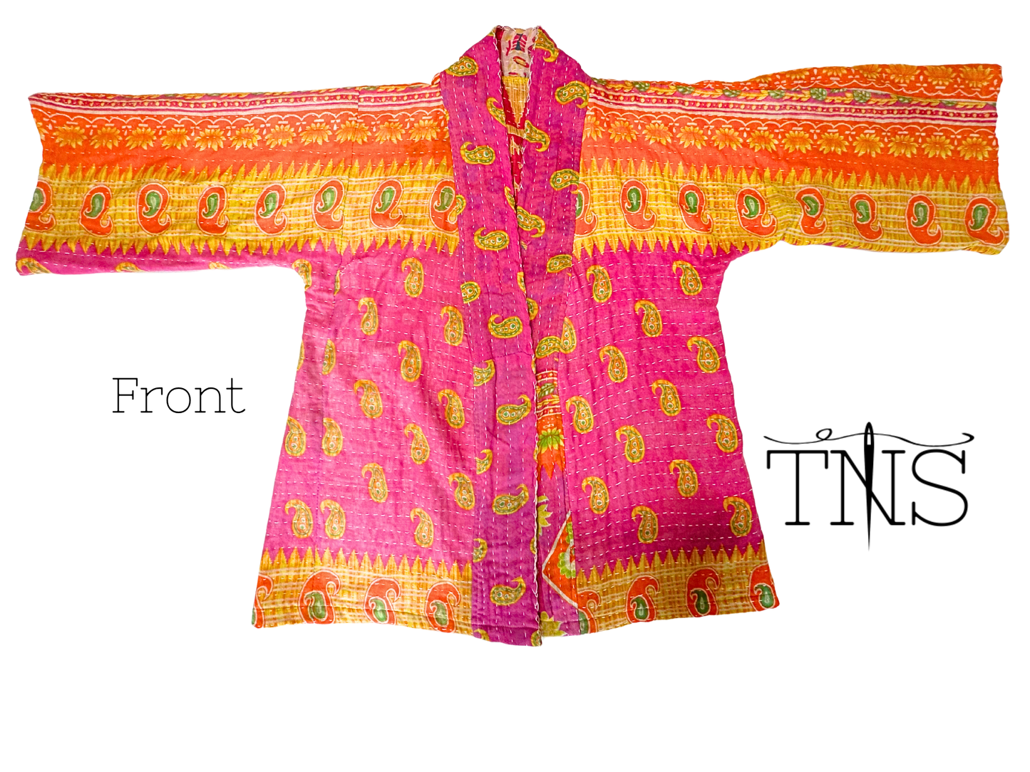 Handmade upcycled Kantha kimono from TheNickStitch made with fuchsia and purple cotton sari material.