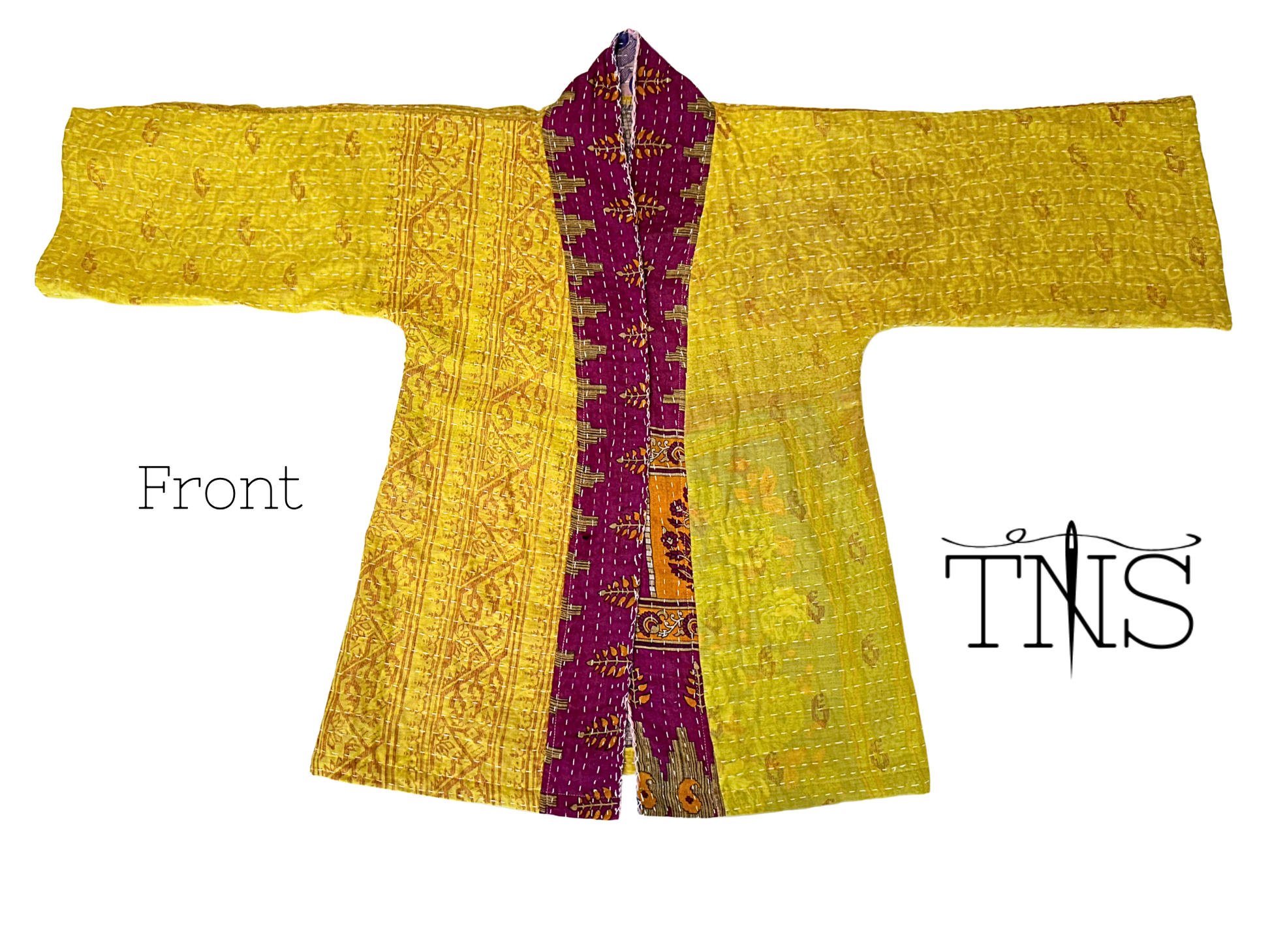 Handmade upcycled Kantha kimono from TheNickStitch with citron and magenta cotton sari with elephant design patchwork.