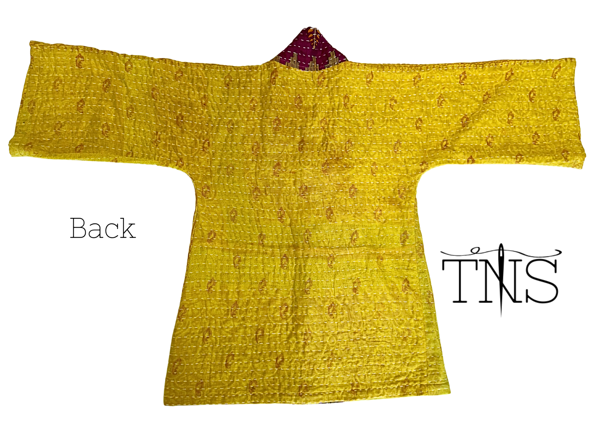 Handmade upcycled Kantha kimono from TheNickStitch with citron and magenta cotton sari with elephant design patchwork.