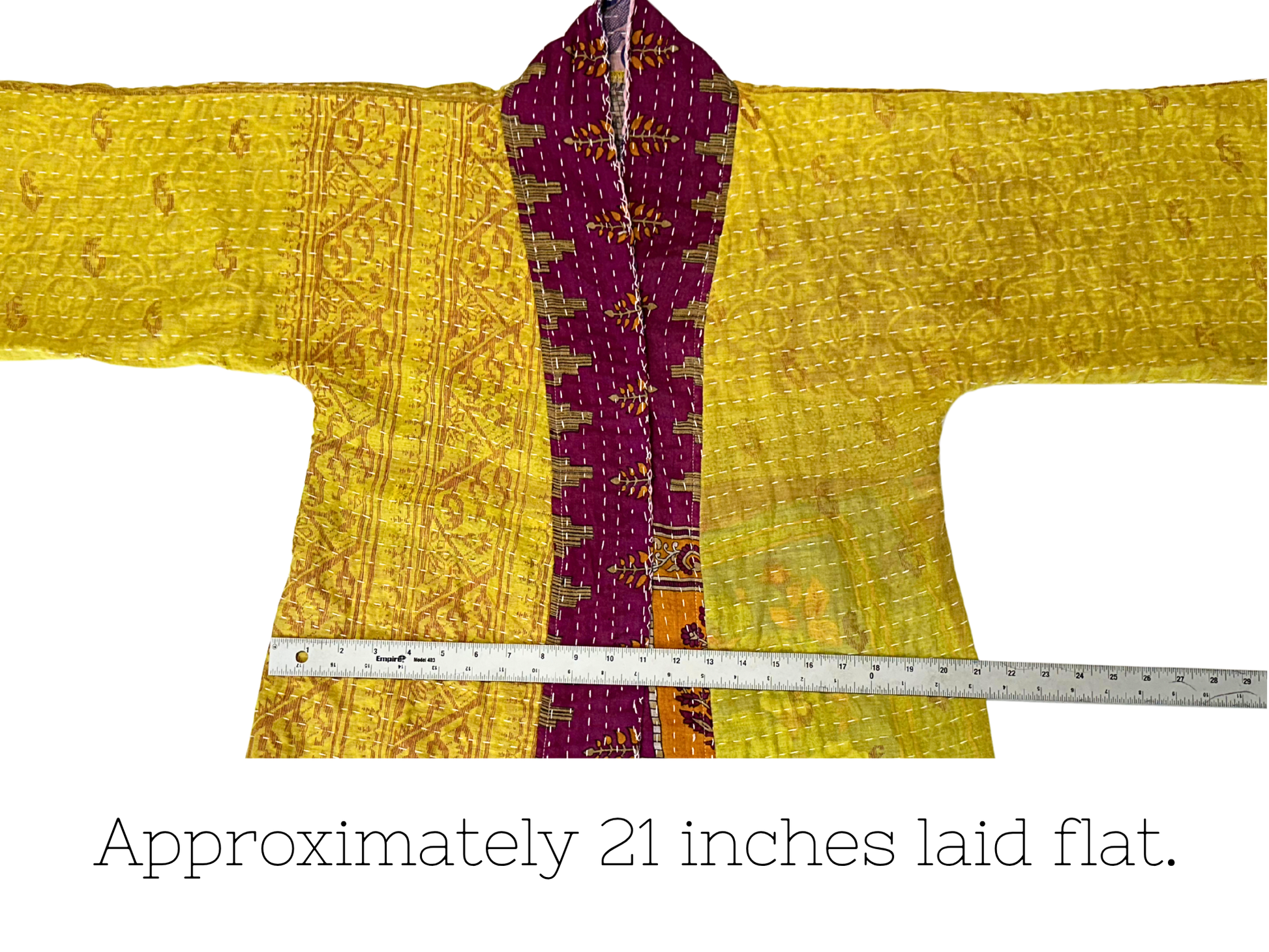 Handmade upcycled Kantha kimono from TheNickStitch with citron and magenta cotton sari with elephant design patchwork.