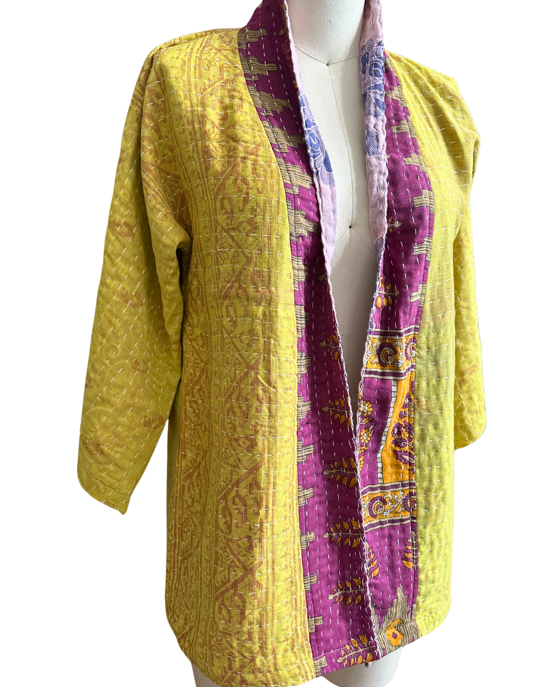Handmade upcycled Kantha kimono from TheNickStitch, shown on model, with citron and magenta cotton sari with elephant design patchwork.