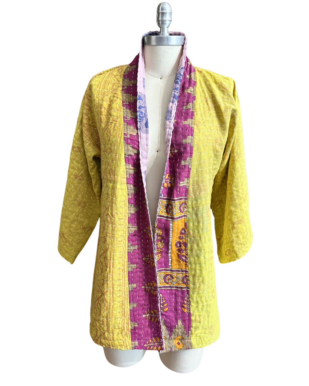 Handmade upcycled Kantha kimono from TheNickStitch, shown on model, with citron and magenta cotton sari with elephant design patchwork.