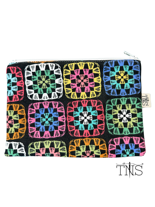 Grannie Squares Slimline Zipper Pouch Bag - Cotton Canvas