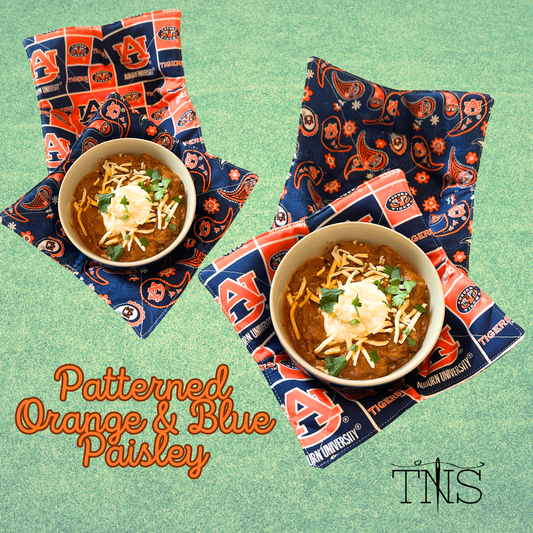 Auburn War Eagle Bowl Cozies: Patterned Orange & Blue Paisley