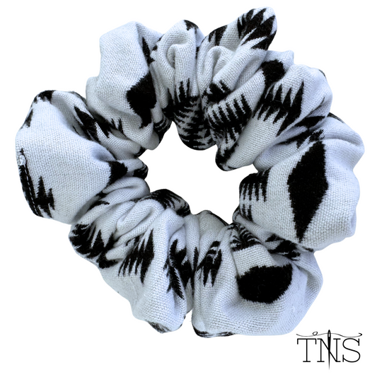 White with Black Design Flannel Medium Scrunchie