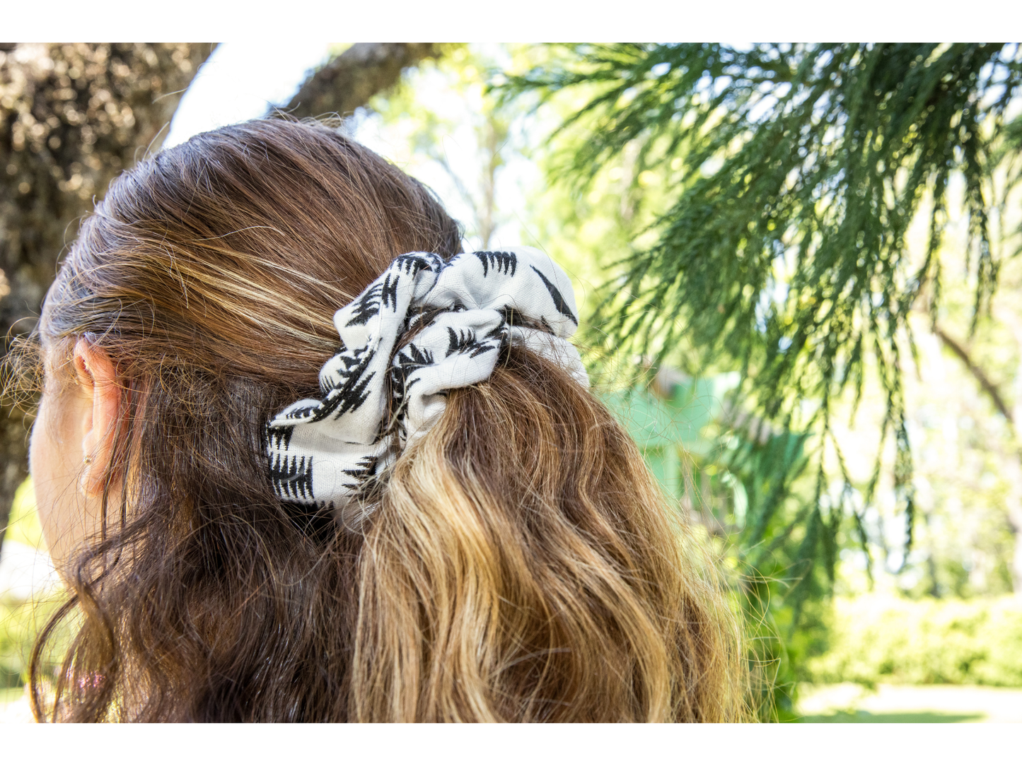 White with Black Design Flannel Medium Scrunchie